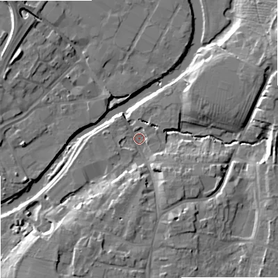 Shaded relief map of the ground around SN126LP, computed from Environment Agency LiDAR. The ground here sits at about 34 m above sea level and falls 10 m across the surrounding 800 m. Surface water reaching this point runs off ground lying to the east-north-east, 9.4 m higher.