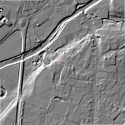 Shaded relief map of the ground around SN126LX, computed from Environment Agency LiDAR. The ground here sits at about 39 m above sea level and falls 10 m across the surrounding 800 m. Surface water reaching this point runs off ground lying to the south-south-east, 1.7 m higher.