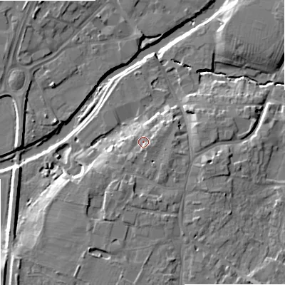 Shaded relief map of the ground around SN126LY, computed from Environment Agency LiDAR. The ground here sits at about 38 m above sea level and falls 10 m across the surrounding 800 m. Surface water reaching this point runs off ground lying to the south-south-east, 2.4 m higher.
