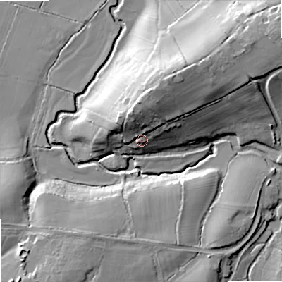 Shaded relief map of the ground around SN126PP, computed from Environment Agency LiDAR. The ground here sits at about 47 m above sea level and falls 25 m across the surrounding 800 m. Surface water reaching this point runs off ground lying to the north, 16.6 m higher.