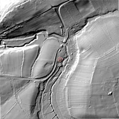 Shaded relief map of the ground around SN126PW, computed from Environment Agency LiDAR. The ground here sits at about 43 m above sea level and falls 24 m across the surrounding 800 m. Surface water reaching this point runs off ground lying to the east, 15.9 m higher.