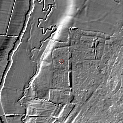 Shaded relief map of the ground around SN127AQ, computed from Environment Agency LiDAR. The ground here sits at about 38 m above sea level and falls 11 m across the surrounding 800 m. Surface water reaching this point runs off ground lying to the north-east, 1.2 m higher.