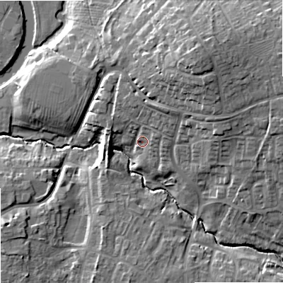 Shaded relief map of the ground around SN127DU, computed from Environment Agency LiDAR. The ground here sits at about 38 m above sea level and falls 18 m across the surrounding 800 m. Surface water reaching this point runs off ground lying to the north-east, 6.8 m higher.
