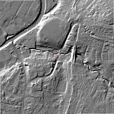 Shaded relief map of the ground around SN127EB, computed from Environment Agency LiDAR. The ground here sits at about 35 m above sea level and falls 19 m across the surrounding 800 m. Surface water reaching this point runs off ground lying to the south-west, 8.3 m higher.