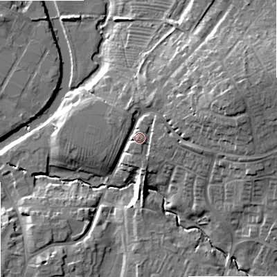Shaded relief map of the ground around SN127ED, computed from Environment Agency LiDAR. The ground here sits at about 40 m above sea level and falls 19 m across the surrounding 800 m. Surface water reaching this point runs off ground lying to the east-north-east, 12.7 m higher.