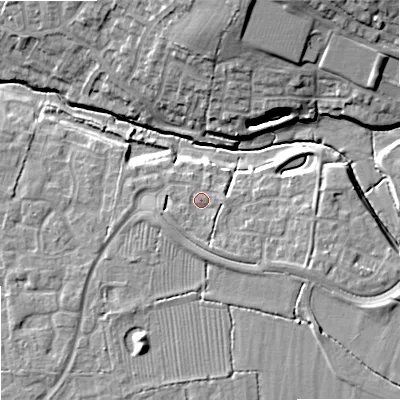 Shaded relief map of the ground around SN127FS, computed from Environment Agency LiDAR. The ground here sits at about 39 m above sea level and falls 14 m across the surrounding 800 m. Surface water reaching this point runs off ground lying to the south-south-east, 2.2 m higher.