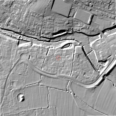 Shaded relief map of the ground around SN127FT, computed from Environment Agency LiDAR. The ground here sits at about 39 m above sea level and falls 14 m across the surrounding 800 m. Surface water reaching this point runs off ground lying to the south-west, 1.1 m higher.
