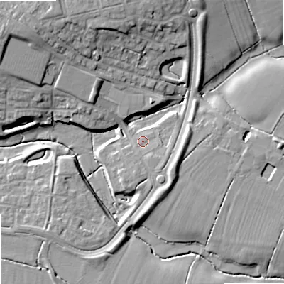 Shaded relief map of the ground around SN127GS, computed from Environment Agency LiDAR. The ground here sits at about 40 m above sea level and falls 14 m across the surrounding 800 m. Surface water reaching this point runs off ground lying to the south-east, 3.1 m higher.