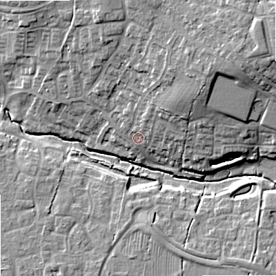 Shaded relief map of the ground around SN127JJ, computed from Environment Agency LiDAR. The ground here sits at about 40 m above sea level and falls 15 m across the surrounding 800 m. Surface water reaching this point runs off ground lying to the north-east, 6.9 m higher.