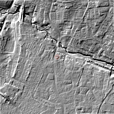 Shaded relief map of the ground around SN127LG, computed from Environment Agency LiDAR. The ground here sits at about 38 m above sea level and falls 15 m across the surrounding 800 m. Surface water reaching this point runs off ground lying to the south-west, 1.9 m higher.