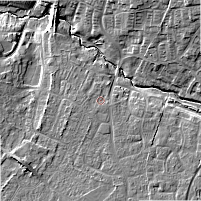 Shaded relief map of the ground around SN127LQ, computed from Environment Agency LiDAR. The ground here sits at about 39 m above sea level and falls 15 m across the surrounding 800 m. Surface water reaching this point runs off ground lying to the west-south-west, 0.8 m higher.
