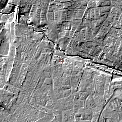 Shaded relief map of the ground around SN127LU, computed from Environment Agency LiDAR. The ground here sits at about 38 m above sea level and falls 15 m across the surrounding 800 m. Surface water reaching this point runs off ground lying to the south-south-east, 3.6 m higher.