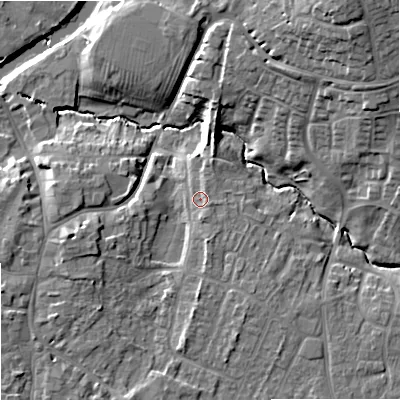 Shaded relief map of the ground around SN127NG, computed from Environment Agency LiDAR. The ground here sits at about 38 m above sea level and falls 19 m across the surrounding 800 m. Surface water reaching this point runs off ground lying to the south-south-east, 1.8 m higher.