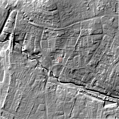Shaded relief map of the ground around SN127NJ, computed from Environment Agency LiDAR. The ground here sits at about 39 m above sea level and falls 17 m across the surrounding 800 m. Surface water reaching this point runs off ground lying to the north-east, 3.7 m higher.