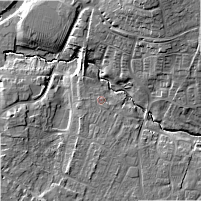 Shaded relief map of the ground around SN127NQ, computed from Environment Agency LiDAR. The ground here sits at about 38 m above sea level and falls 19 m across the surrounding 800 m. Surface water reaching this point runs off ground lying to the south-south-west, 1.3 m higher.