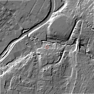 Shaded relief map of the ground around SN127PA, computed from Environment Agency LiDAR. The ground here sits at about 36 m above sea level and falls 14 m across the surrounding 800 m. Surface water reaching this point runs off ground lying to the east-north-east, 12.3 m higher.