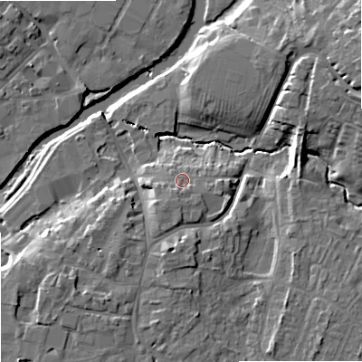 Shaded relief map of the ground around SN127PR, computed from Environment Agency LiDAR. The ground here sits at about 38 m above sea level and falls 14 m across the surrounding 800 m. Surface water reaching this point runs off ground lying to the south-south-west, 1.4 m higher.
