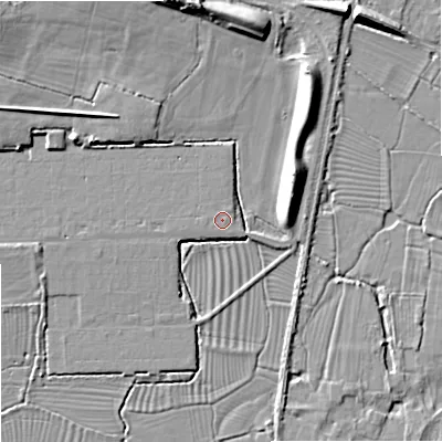 Shaded relief map of the ground around SN127QF, computed from Environment Agency LiDAR. The ground here sits at about 41 m above sea level and falls 10 m across the surrounding 800 m. The ground contributing surface water to this point lies to the west-south-west.