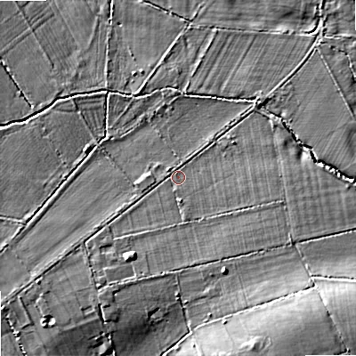 Shaded relief map of the ground around SN127RB, computed from Environment Agency LiDAR. The ground here sits at about 46 m above sea level and falls 14 m across the surrounding 800 m. Surface water reaching this point runs off ground lying to the south-east, 9.7 m higher.