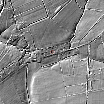 Shaded relief map of the ground around SN127RD, computed from Environment Agency LiDAR. The ground here sits at about 41 m above sea level and falls 8 m across the surrounding 800 m. Surface water reaching this point runs off ground lying to the north, 2.9 m higher.