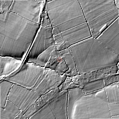 Shaded relief map of the ground around SN127RE, computed from Environment Agency LiDAR. The ground here sits at about 42 m above sea level and falls 9 m across the surrounding 800 m. Surface water reaching this point runs off ground lying to the north-east, 1.2 m higher.