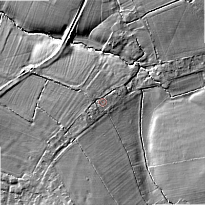 Shaded relief map of the ground around SN127RF, computed from Environment Agency LiDAR. The ground here sits at about 42 m above sea level and falls 9 m across the surrounding 800 m. Surface water reaching this point runs off ground lying to the west-north-west, 1.2 m higher.