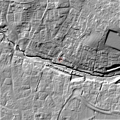 Shaded relief map of the ground around SN127RU, computed from Environment Agency LiDAR. The ground here sits at about 37 m above sea level and falls 15 m across the surrounding 800 m. Surface water reaching this point runs off ground lying to the north, 10.1 m higher.