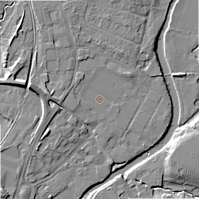 Shaded relief map of the ground around SN128AA, computed from Environment Agency LiDAR. The ground here sits at about 35 m above sea level and falls 11 m across the surrounding 800 m. Surface water reaching this point runs off ground lying to the west, 2.3 m higher.