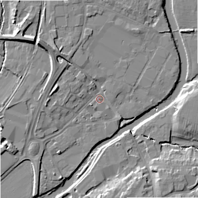 Shaded relief map of the ground around SN128AB, computed from Environment Agency LiDAR. The ground here sits at about 35 m above sea level and falls 12 m across the surrounding 800 m. Surface water reaching this point runs off ground lying to the north-west, 6.5 m higher.