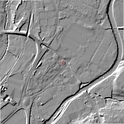 Shaded relief map of the ground around SN128AD, computed from Environment Agency LiDAR. The ground here sits at about 36 m above sea level and falls 12 m across the surrounding 800 m. Surface water reaching this point runs off ground lying to the north-west, 6.5 m higher.