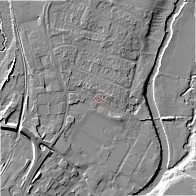 Shaded relief map of the ground around SN128AJ, computed from Environment Agency LiDAR. The ground here sits at about 36 m above sea level and falls 11 m across the surrounding 800 m. Surface water reaching this point runs off ground lying to the north-west, 2.2 m higher.