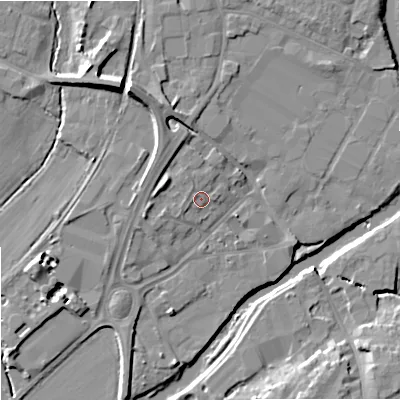Shaded relief map of the ground around SN128BP, computed from Environment Agency LiDAR. The ground here sits at about 36 m above sea level and falls 12 m across the surrounding 800 m. Surface water reaching this point runs off ground lying to the north-north-west, 1.8 m higher.