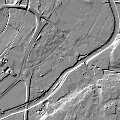 Shaded relief map of the ground around SN128BS, computed from Environment Agency LiDAR. The ground here sits at about 34 m above sea level and falls 12 m across the surrounding 800 m. Surface water reaching this point runs off ground lying to the north-north-east, 0.9 m higher.