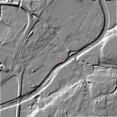 Shaded relief map of the ground around SN128BT, computed from Environment Agency LiDAR. The ground here sits at about 34 m above sea level and falls 12 m across the surrounding 800 m. Surface water reaching this point runs off ground lying to the north-north-west, 2.0 m higher.
