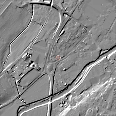 Shaded relief map of the ground around SN128BU, computed from Environment Agency LiDAR. The ground here sits at about 34 m above sea level and falls 12 m across the surrounding 800 m. Surface water reaching this point runs off ground lying to the north, 4.9 m higher.