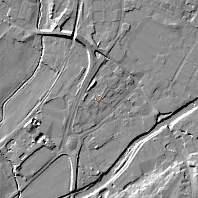 Shaded relief map of the ground around SN128BW, computed from Environment Agency LiDAR. The ground here sits at about 36 m above sea level and falls 12 m across the surrounding 800 m. Surface water reaching this point runs off ground lying to the north-north-west, 3.2 m higher.