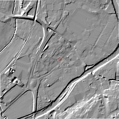 Shaded relief map of the ground around SN128BX, computed from Environment Agency LiDAR. The ground here sits at about 35 m above sea level and falls 12 m across the surrounding 800 m. Surface water reaching this point runs off ground lying to the north-north-west, 2.7 m higher.