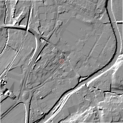 Shaded relief map of the ground around SN128DA, computed from Environment Agency LiDAR. The ground here sits at about 35 m above sea level and falls 12 m across the surrounding 800 m. Surface water reaching this point runs off ground lying to the west-north-west, 3.0 m higher.