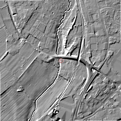 Shaded relief map of the ground around SN128DD, computed from Environment Agency LiDAR. The ground here sits at about 35 m above sea level and falls 11 m across the surrounding 800 m. Surface water reaching this point runs off ground lying to the east, 8.1 m higher.