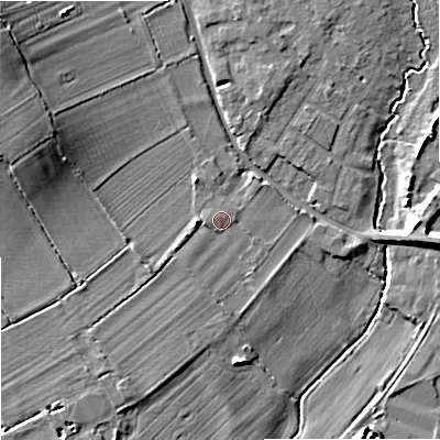 Shaded relief map of the ground around SN128DF, computed from Environment Agency LiDAR. The ground here sits at about 38 m above sea level and falls 13 m across the surrounding 800 m. Surface water reaching this point runs off ground lying to the west-south-west, 2.2 m higher.