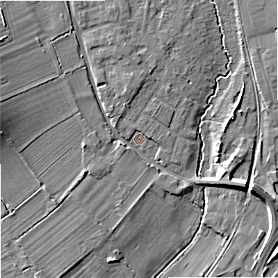 Shaded relief map of the ground around SN128DG, computed from Environment Agency LiDAR. The ground here sits at about 36 m above sea level and falls 9 m across the surrounding 800 m. Surface water reaching this point runs off ground lying to the west-north-west, 7.7 m higher.