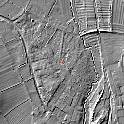 Shaded relief map of the ground around SN128DR, computed from Environment Agency LiDAR. The ground here sits at about 38 m above sea level and falls 9 m across the surrounding 800 m. Surface water reaching this point runs off ground lying to the north-west, 3.3 m higher.