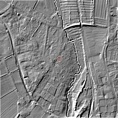 Shaded relief map of the ground around SN128DS, computed from Environment Agency LiDAR. The ground here sits at about 38 m above sea level and falls 9 m across the surrounding 800 m. Surface water reaching this point runs off ground lying to the west, 0.6 m higher.
