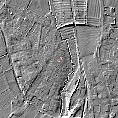 Shaded relief map of the ground around SN128DT, computed from Environment Agency LiDAR. The ground here sits at about 38 m above sea level and falls 9 m across the surrounding 800 m. Surface water reaching this point runs off ground lying to the north-west, 0.7 m higher.