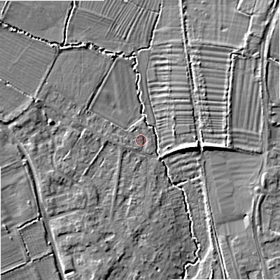 Shaded relief map of the ground around SN128DU, computed from Environment Agency LiDAR. The ground here sits at about 38 m above sea level and falls 8 m across the surrounding 800 m. Surface water reaching this point runs off ground lying to the west, 1.4 m higher.