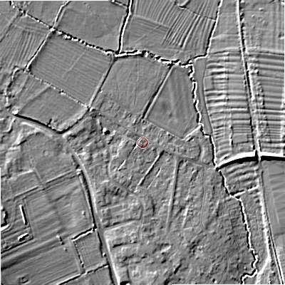 Shaded relief map of the ground around SN128DX, computed from Environment Agency LiDAR. The ground here sits at about 39 m above sea level and falls 9 m across the surrounding 800 m. Surface water reaching this point runs off ground lying to the west-north-west, 2.8 m higher.