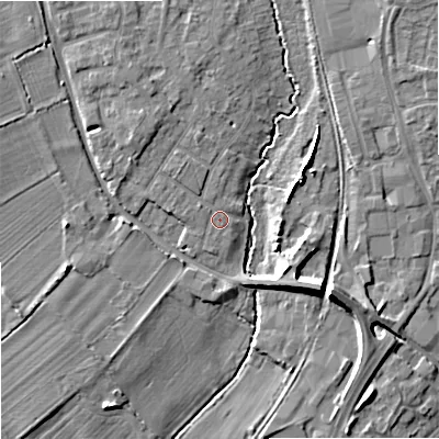 Shaded relief map of the ground around SN128EB, computed from Environment Agency LiDAR. The ground here sits at about 37 m above sea level and falls 9 m across the surrounding 800 m. Surface water reaching this point runs off ground lying to the north-north-west, 4.8 m higher.