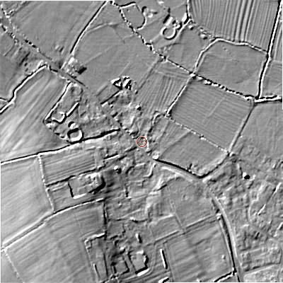 Shaded relief map of the ground around SN128EG, computed from Environment Agency LiDAR. The ground here sits at about 39 m above sea level and falls 11 m across the surrounding 800 m. Surface water reaching this point runs off ground lying to the west-south-west, 8.9 m higher.