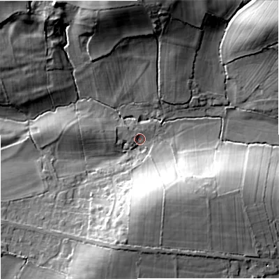 Shaded relief map of the ground around SN128HH, computed from Environment Agency LiDAR. The ground here sits at about 52 m above sea level and falls 25 m across the surrounding 800 m. Surface water reaching this point runs off ground lying to the south, 17.2 m higher.