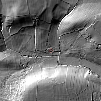 Shaded relief map of the ground around SN128HJ, computed from Environment Agency LiDAR. The ground here sits at about 53 m above sea level and falls 27 m across the surrounding 800 m. Surface water reaching this point runs off ground lying to the north-north-west, 3.3 m higher.
